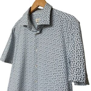 BUGATCHI Men's L Blue Floral Short Sleeve Shirt Casual Stretch Cotton Summer